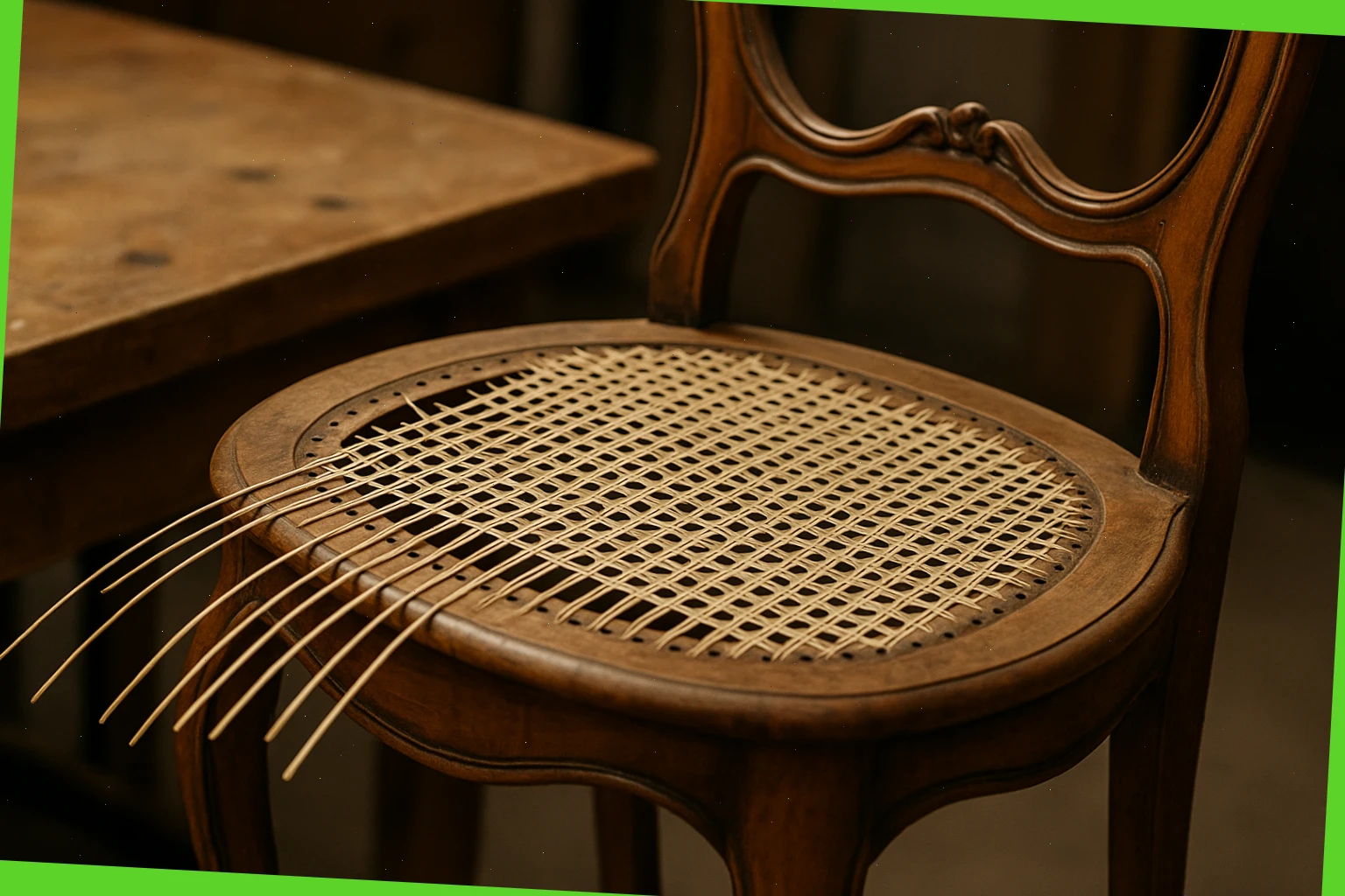 Vintage chair frame with fresh hand-woven cane in progress
