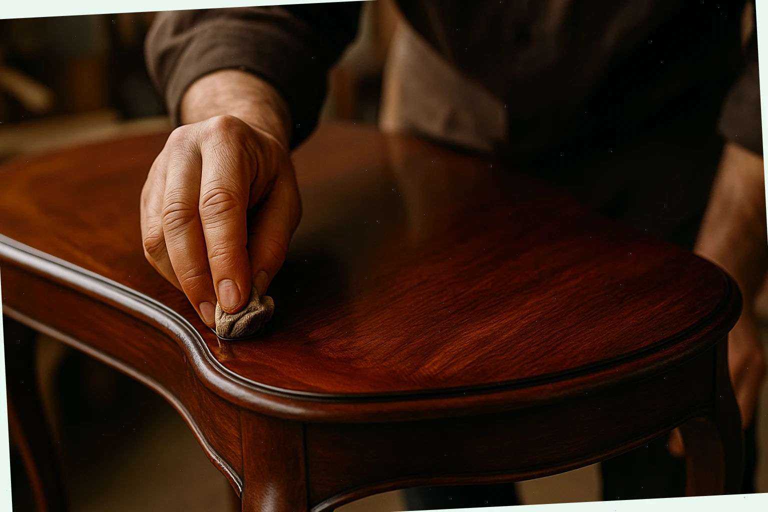 Polisher working shellac with a rubber on a curved mahogany tabletop