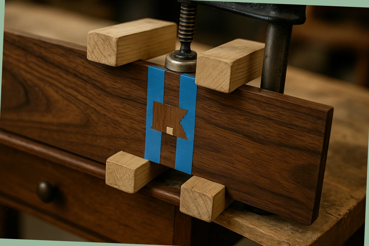 Small veneer patch being pressed with cauls and blue tape on walnut drawer front