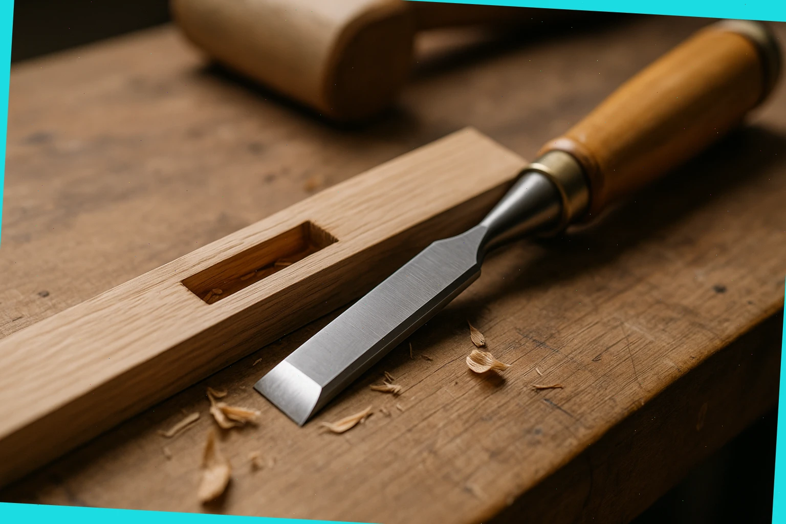 Close view of a hardwood mortise and chisel on a tidy workbench